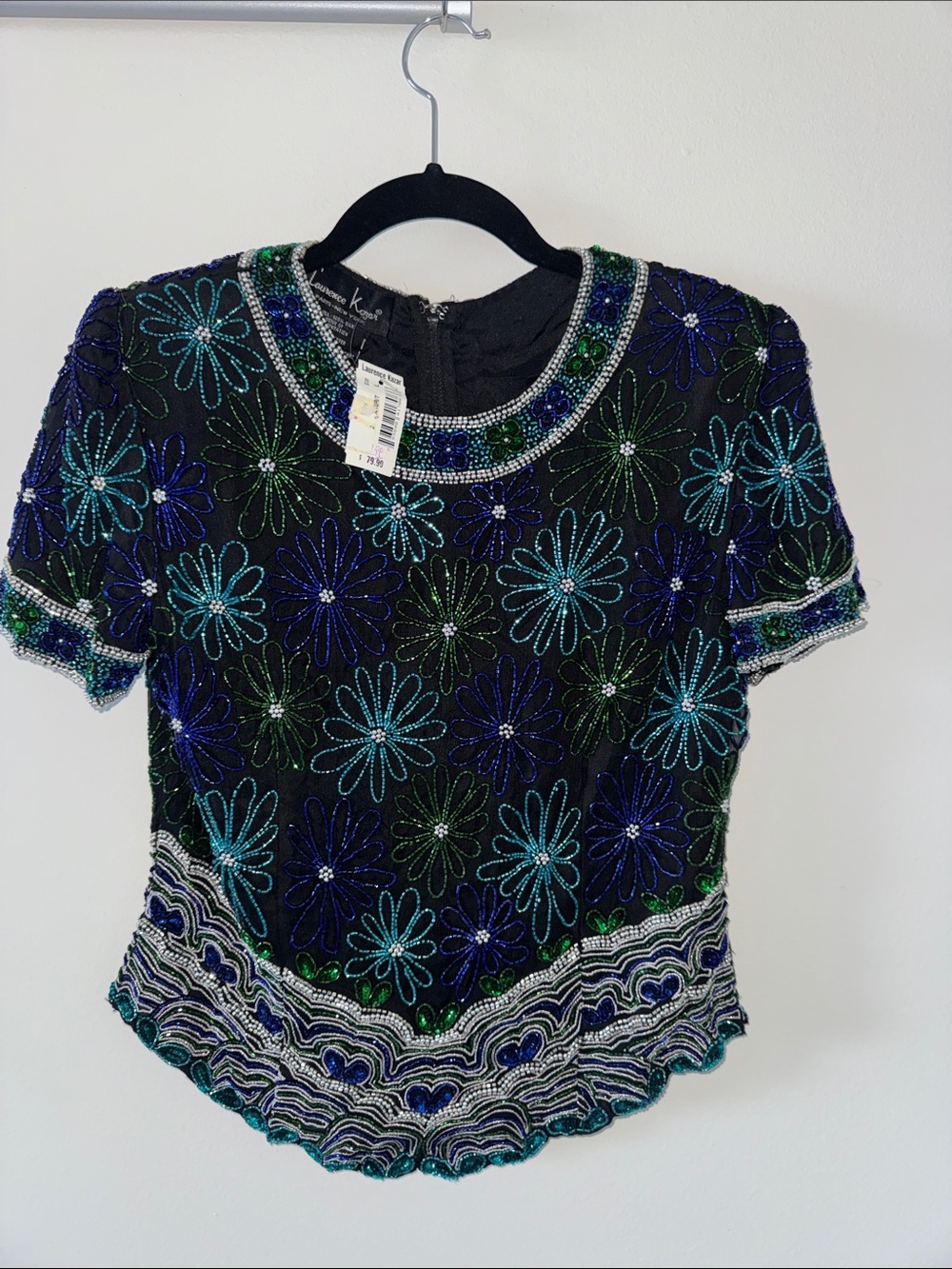 Laurence Kazar Black Beaded Floral Short Sleeve Blouse - Blue & Green Beads